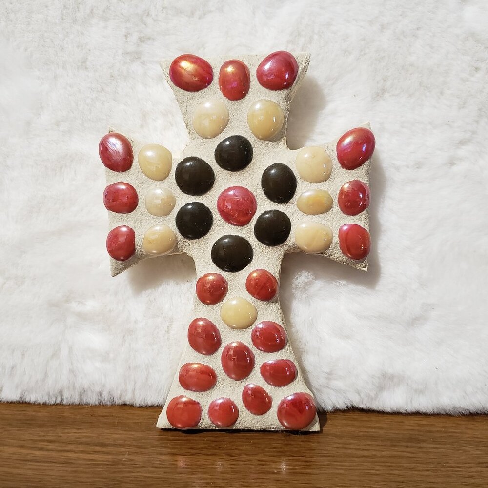 Handmade Cross Cream Beaded Plaster Wood Cream Pink Hang Wall Religious